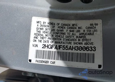2010 Honda Civic Lx z USA, uszkodzony, nr VIN 2HGFA1F55AH300633